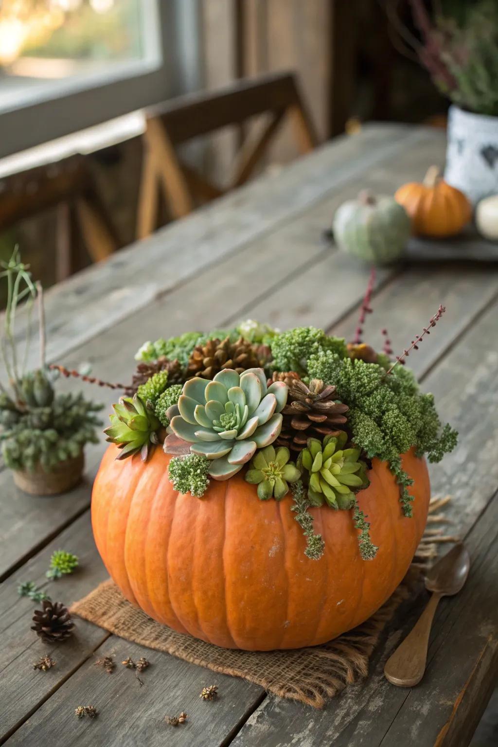 A pumpkin decorated with succulents for a fresh and natural display.