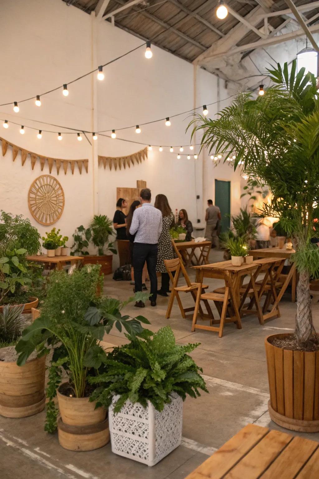 A welcoming indoor party featuring natural-inspired decorations.