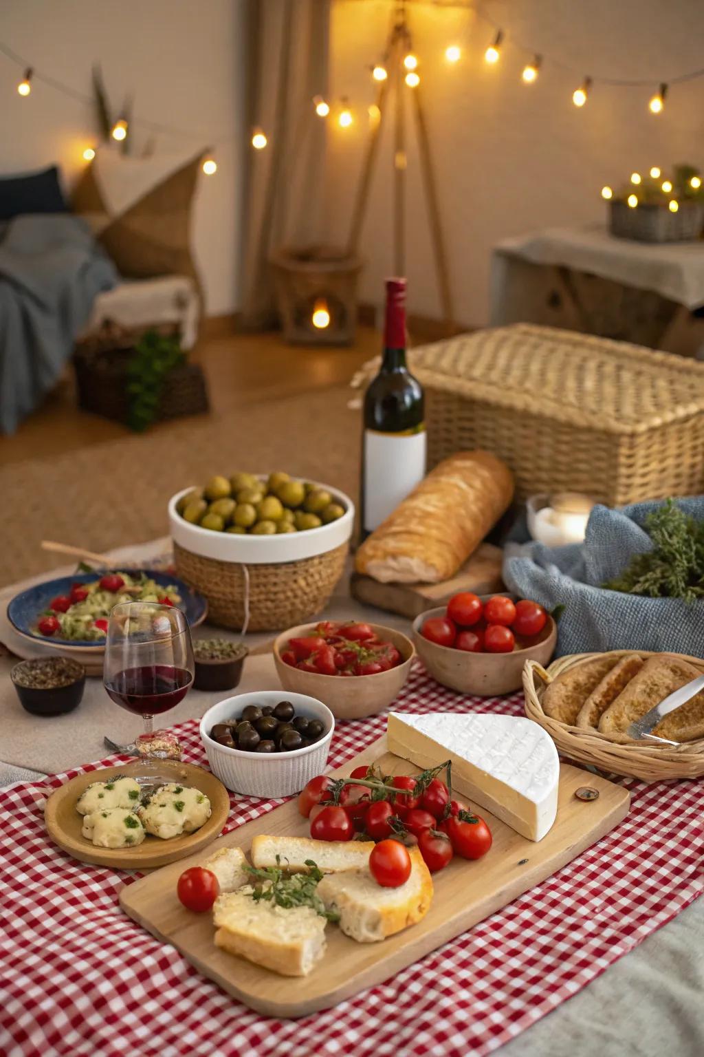 A Mediterranean-themed picnic with a variety of dishes and wine.
