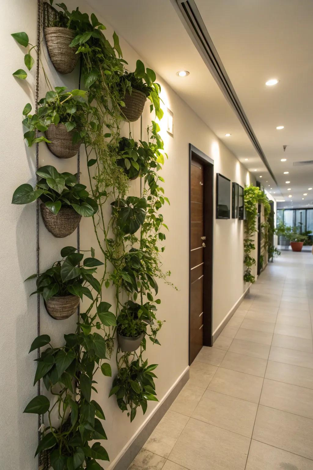 Construct a vertical botanical display using wall-affixed emerald vines.