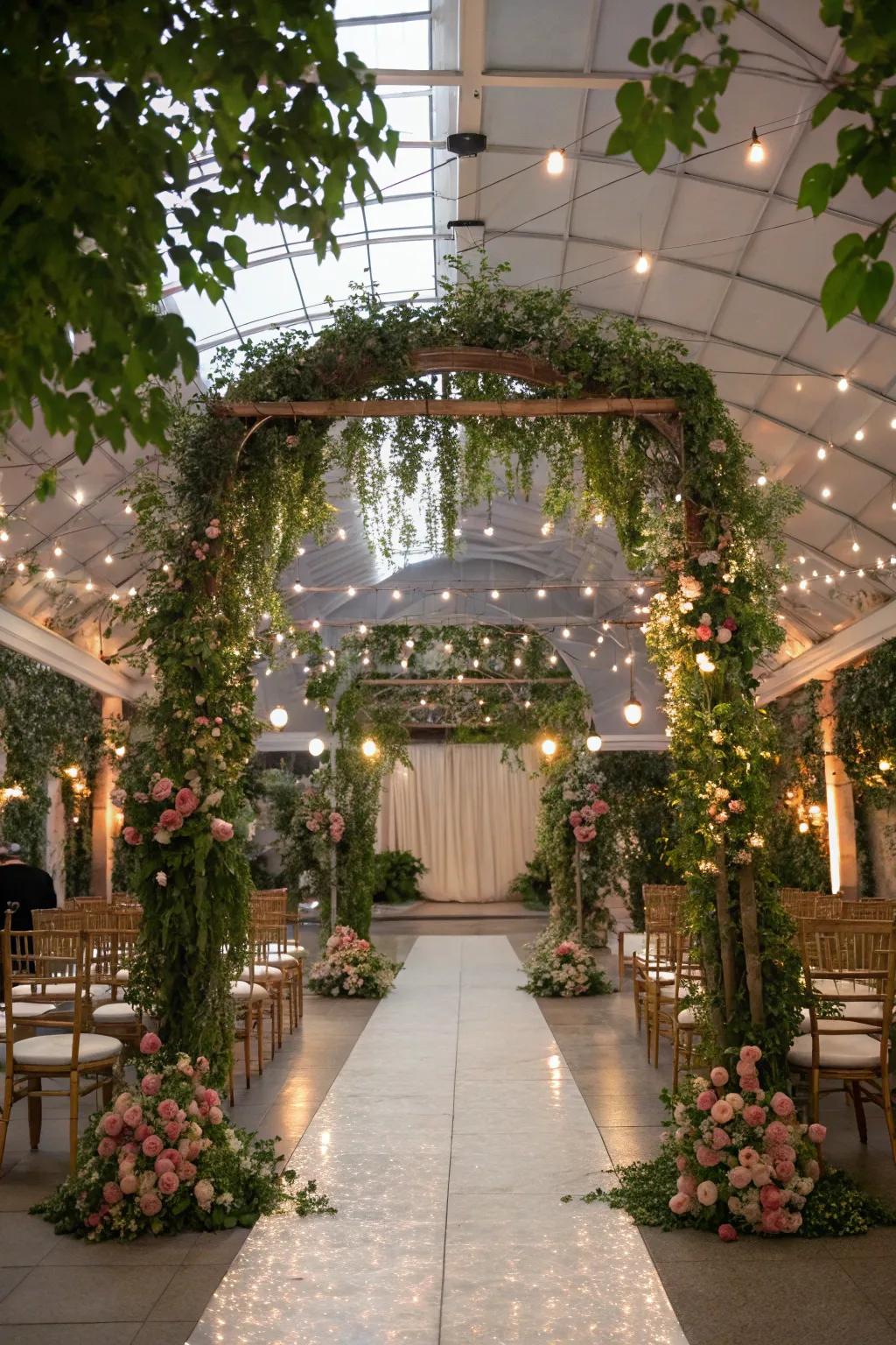 Greenery mixed with glimmering lights produces a magical feel.