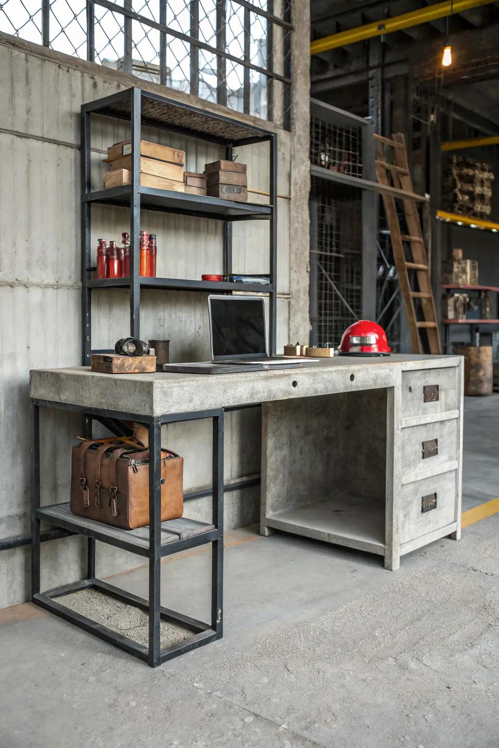 Hardened material and steel create a resilient and bold industrial desk.