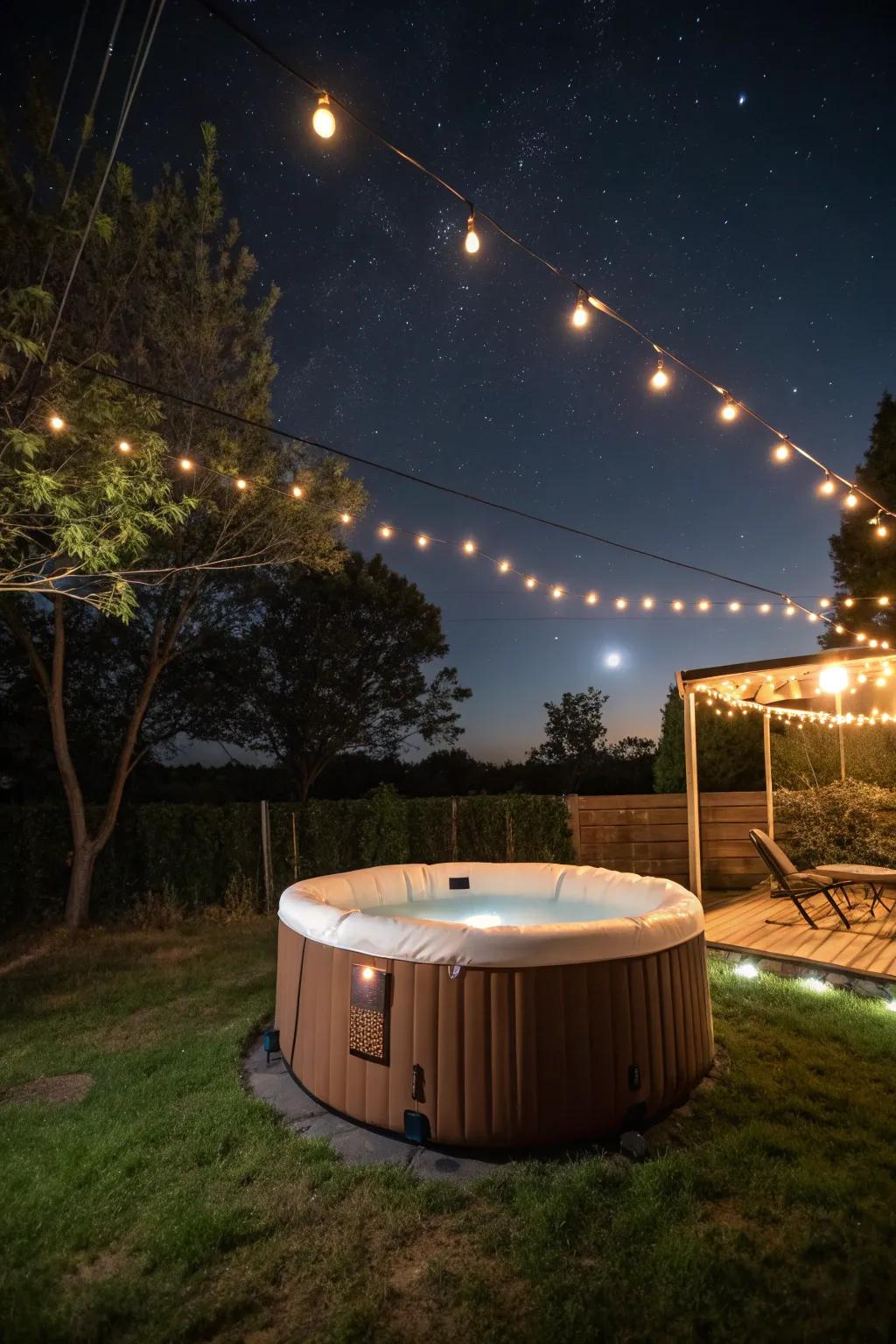 Festoon lights introduce a magical glow to this inflatable bubbling tub space.