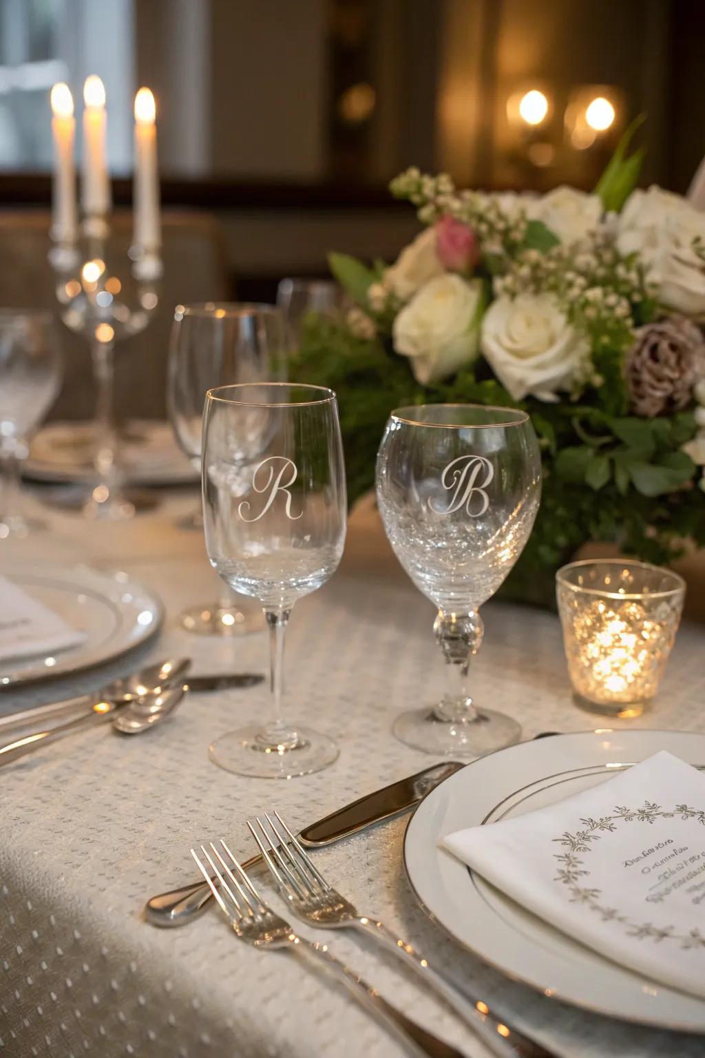 An elegant touch utilizing etched initials on glassware.