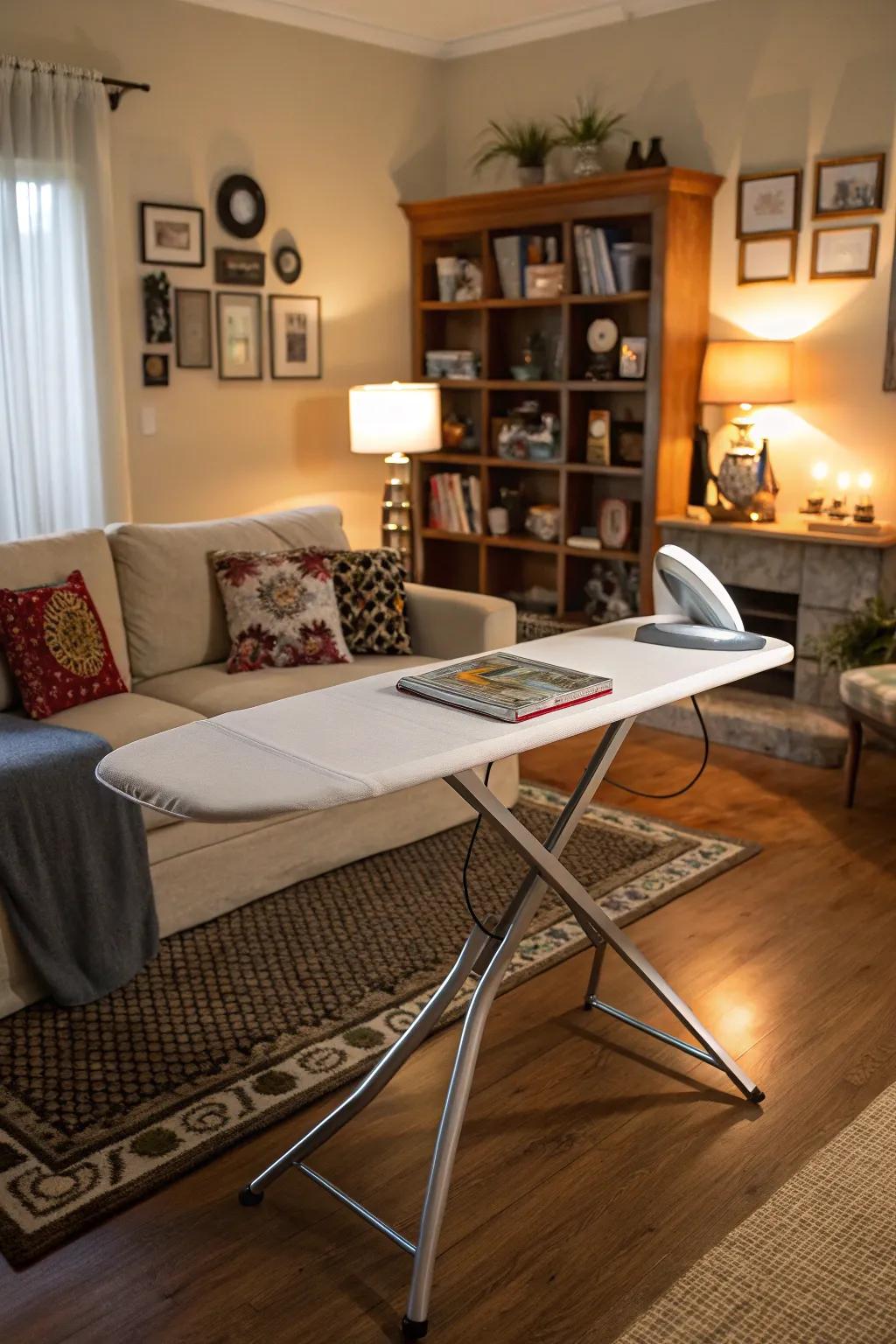 A convertible pressing surface table in a comfortable living area.