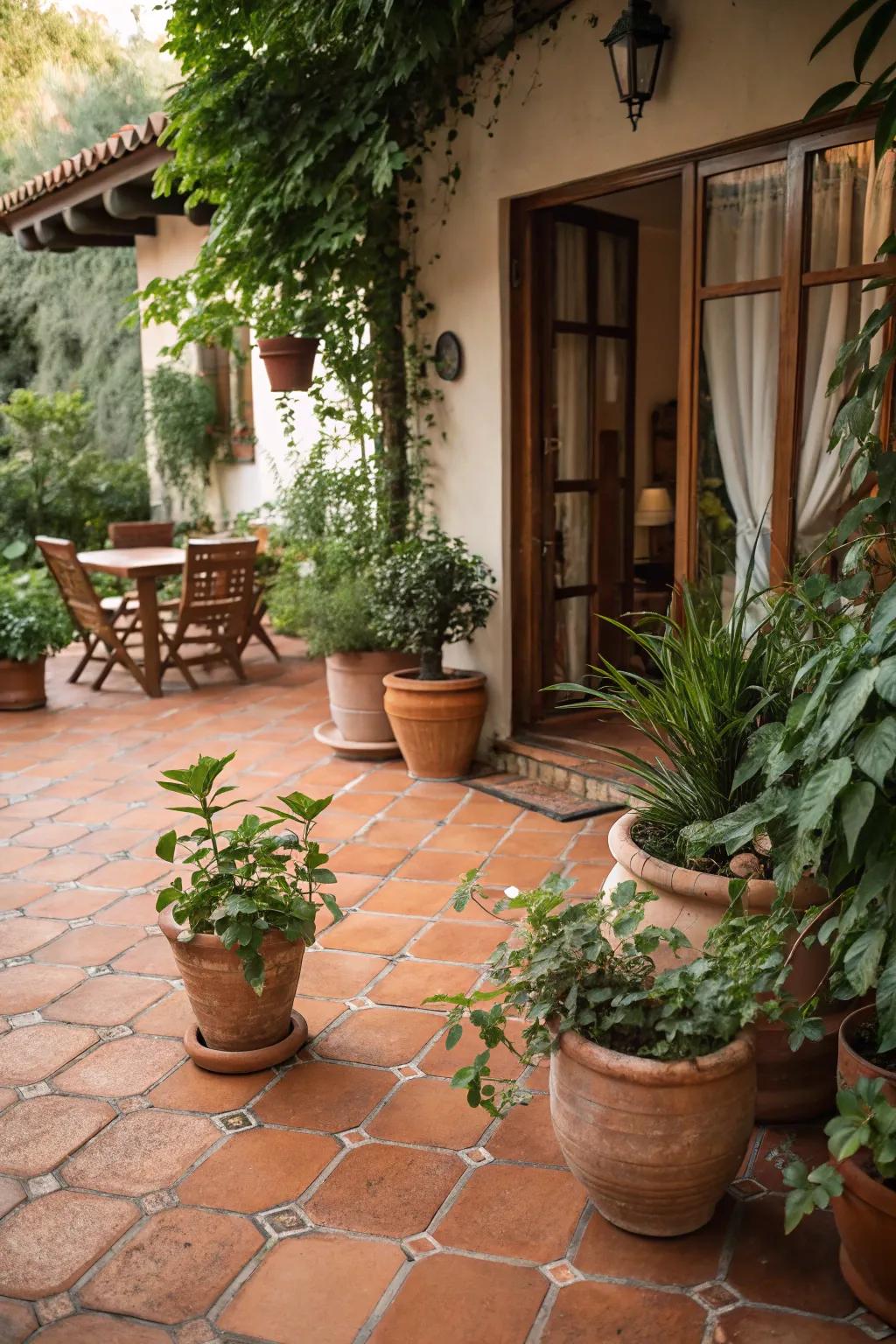 Clay tile ground cover adds warmth and character to an Italian-style patio.