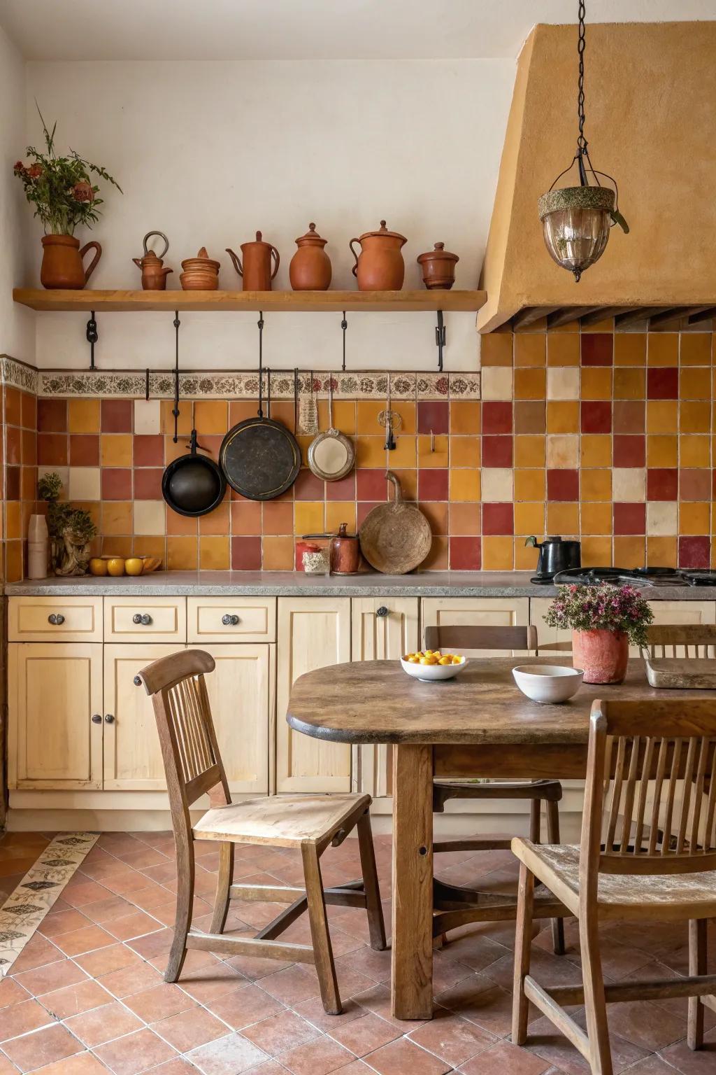 A welcoming, homey kitchen atmosphere is created by earthy tones.