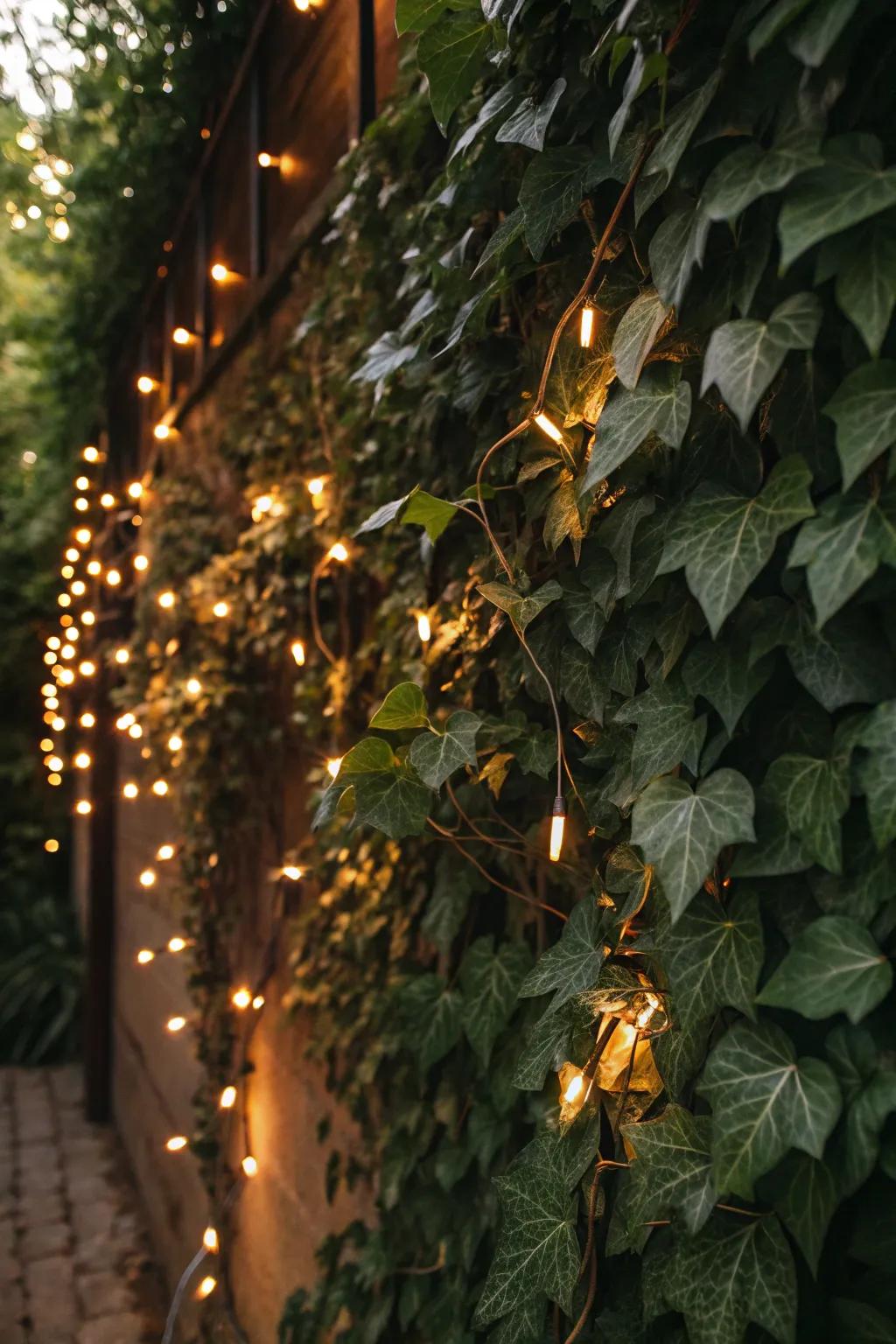 A mesmerizing combination of ivy and twinkling lights crafting a cozy and welcoming atmosphere.