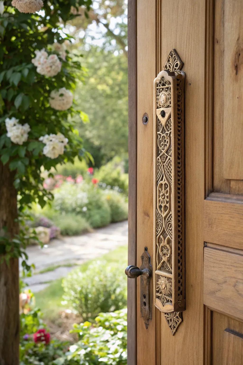 A refined scroll shield embellishing a home's entryway.