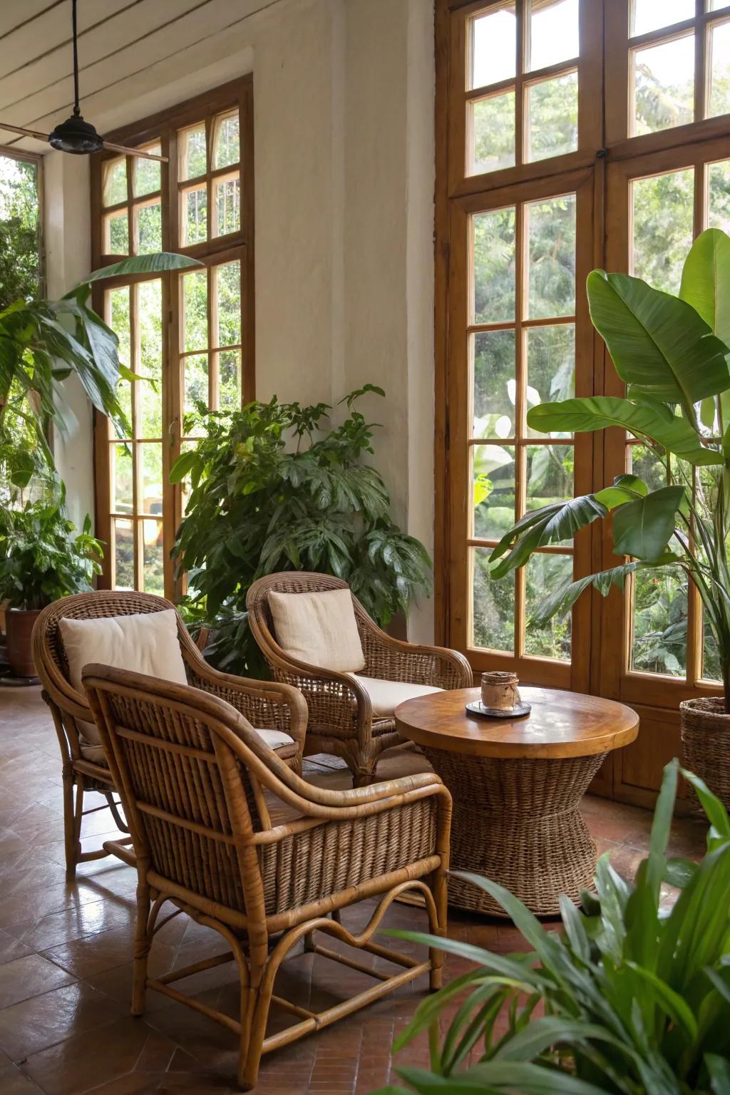 Natural components such as timber and wicker enhance the jungle aesthetic.