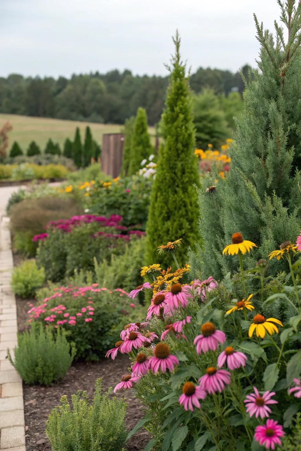Colorful daisies matched with lush evergreens