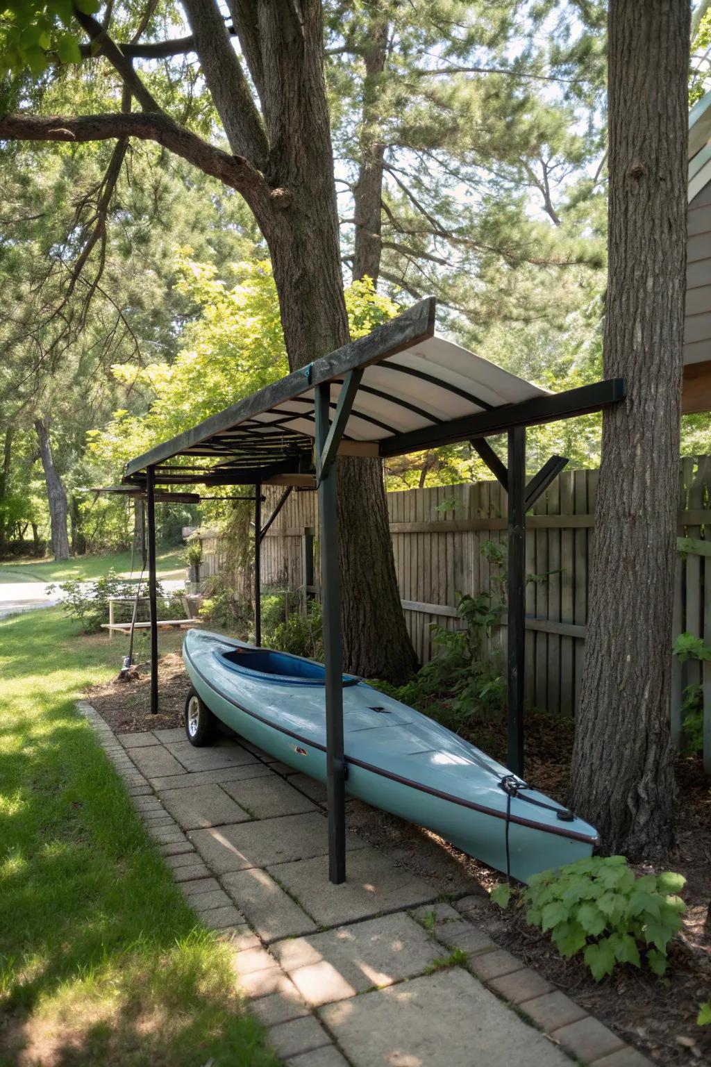 Sheltered frame offering canoe protection.