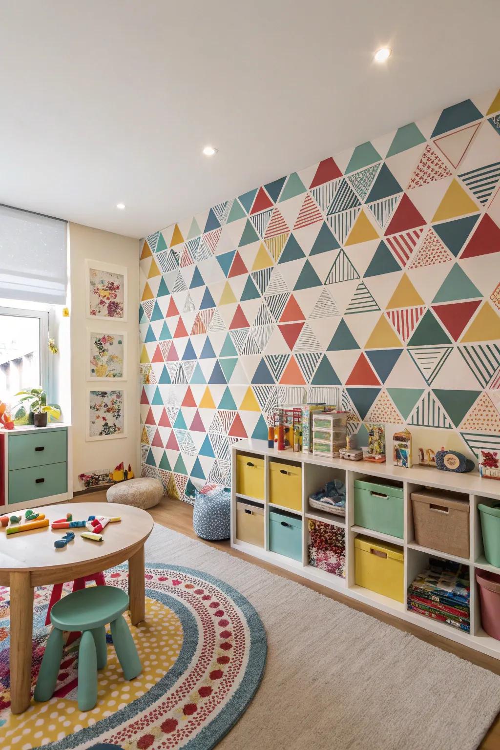 A playroom featuring geometric patterned decor, adding a modern touch.