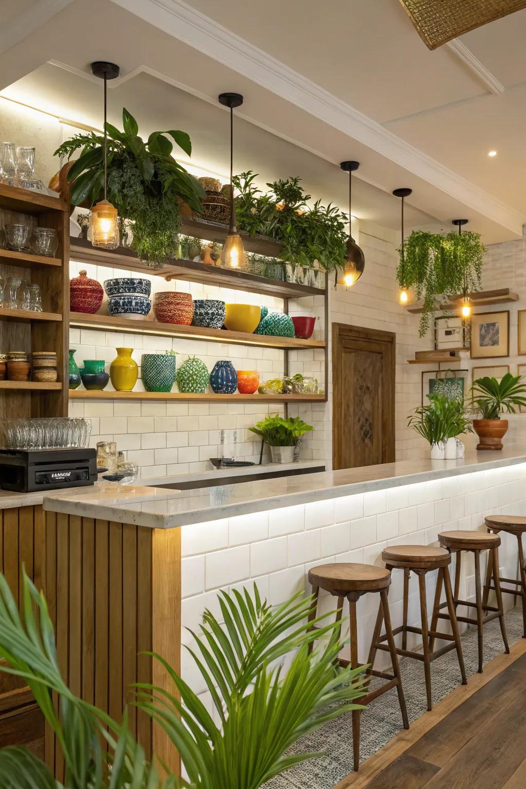 Showcase your individual style with uncovered shelving above your kitchen bar.
