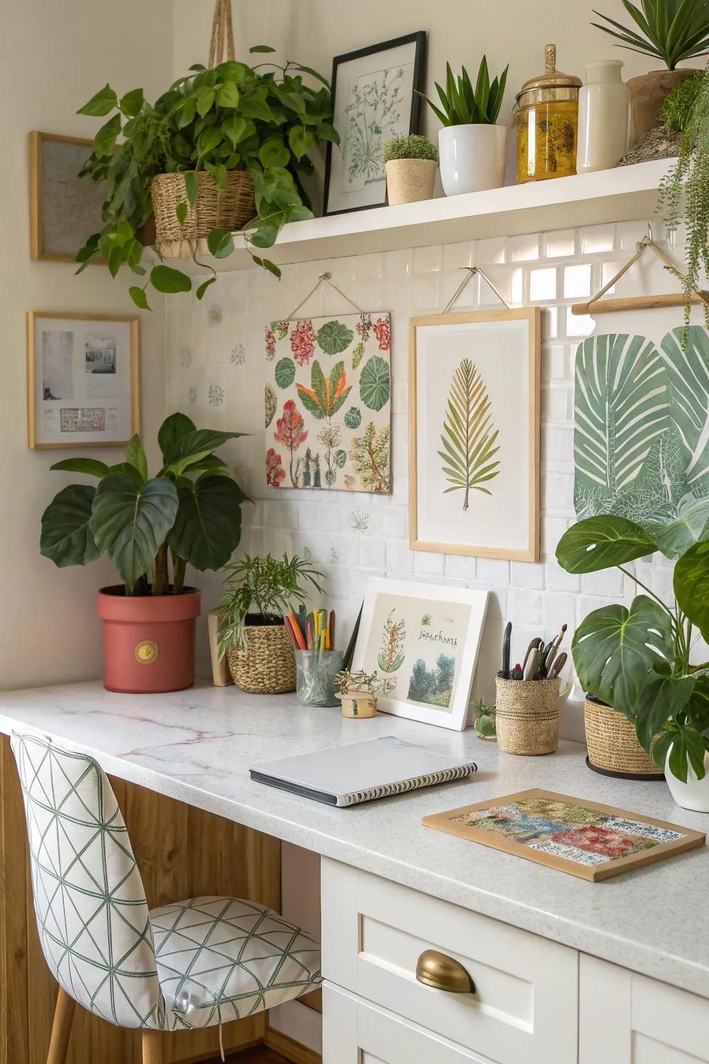 A personalized kitchen desk adorned with decorative plants and artwork.