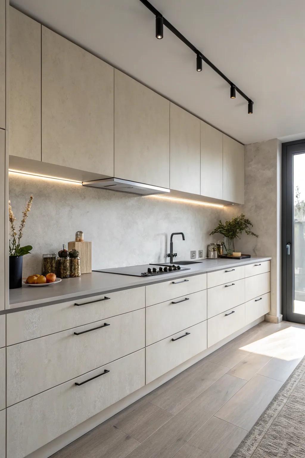 Consistent built-in levers enhancing a minimalist kitchen layout.