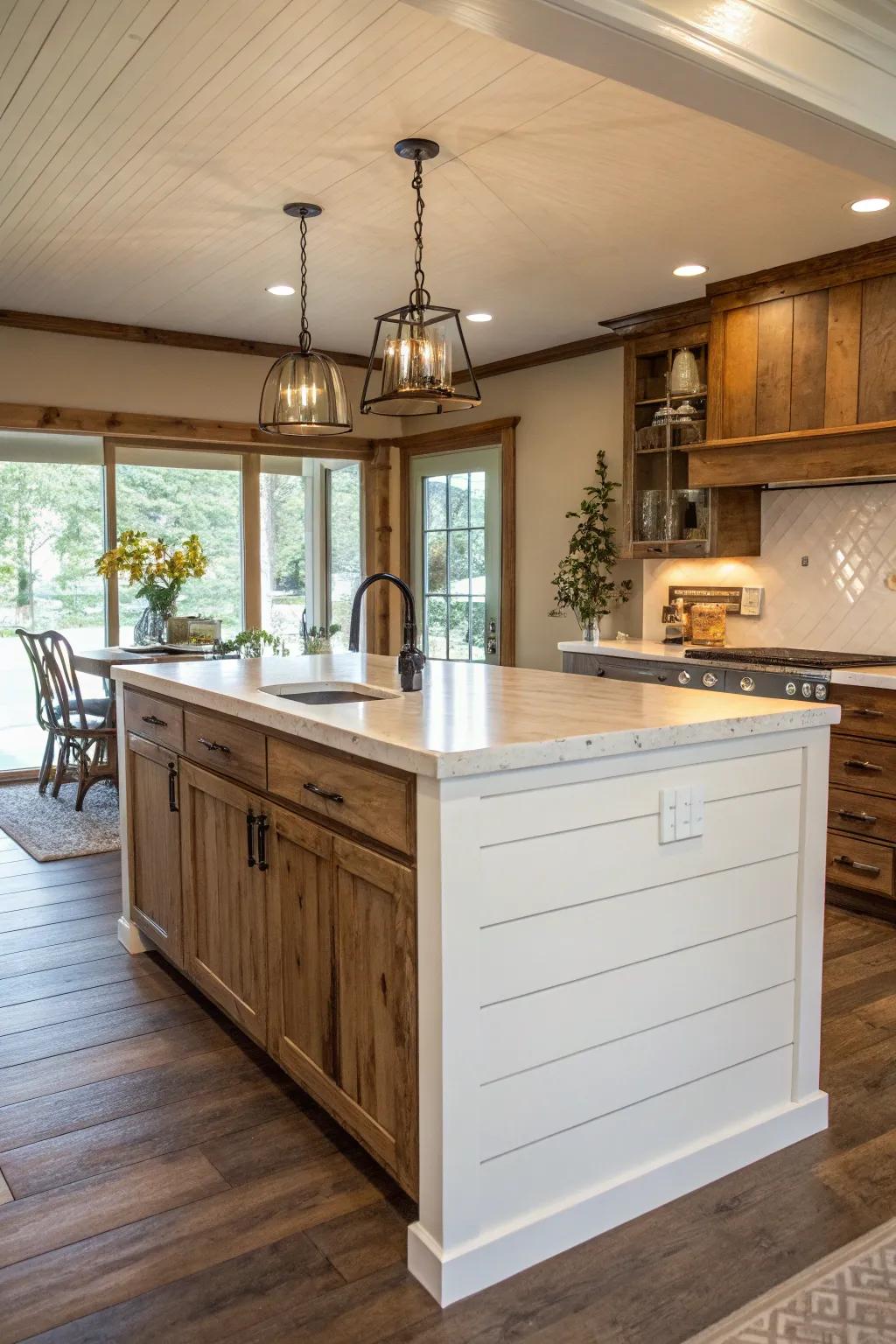 Quintessential white plank paneling channels a ranch allure to this cooking hub centerpiece, radiating warmth and solace.