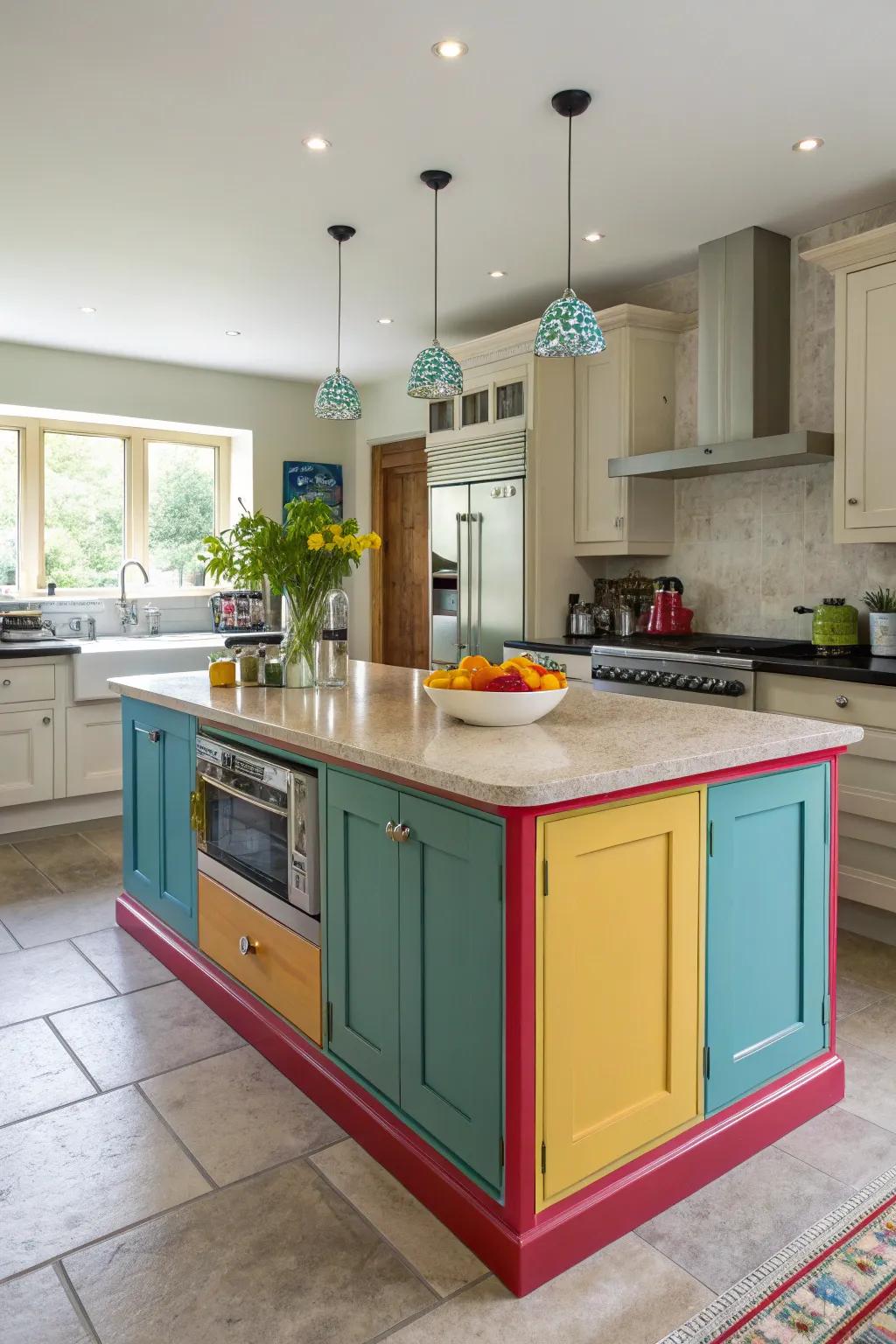 A kitchen island enhanced with striking trim shades for an energetic flair.