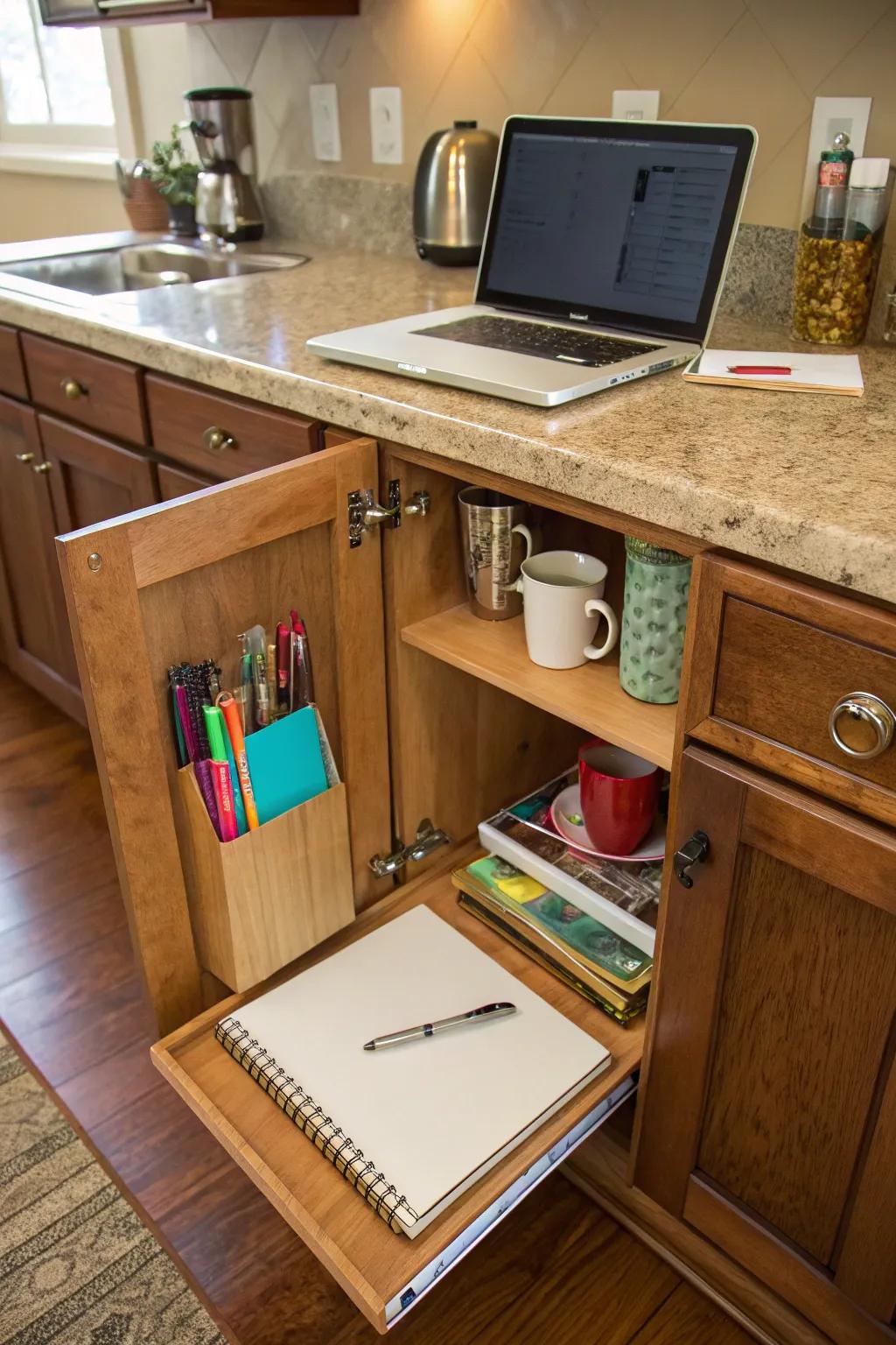 A hidden desk cleverly set up within kitchen cabinets.