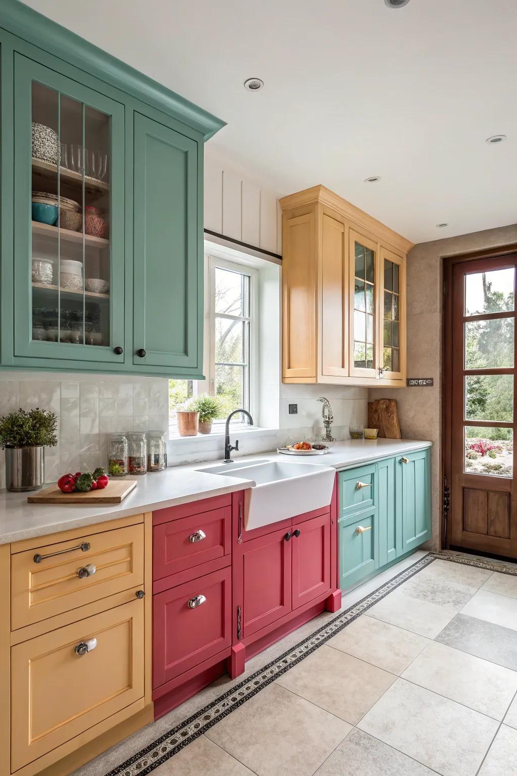 Mixing cabinet styles helps create a custom and lively kitchen.