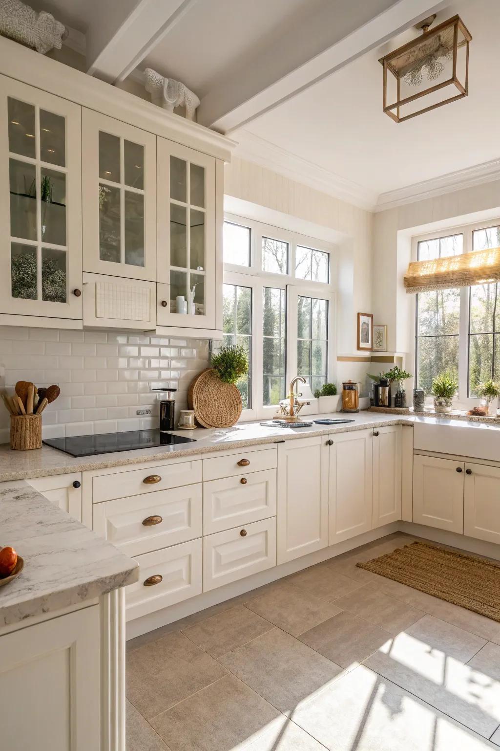 A radiant and airy kitchen featuring white and light shades.