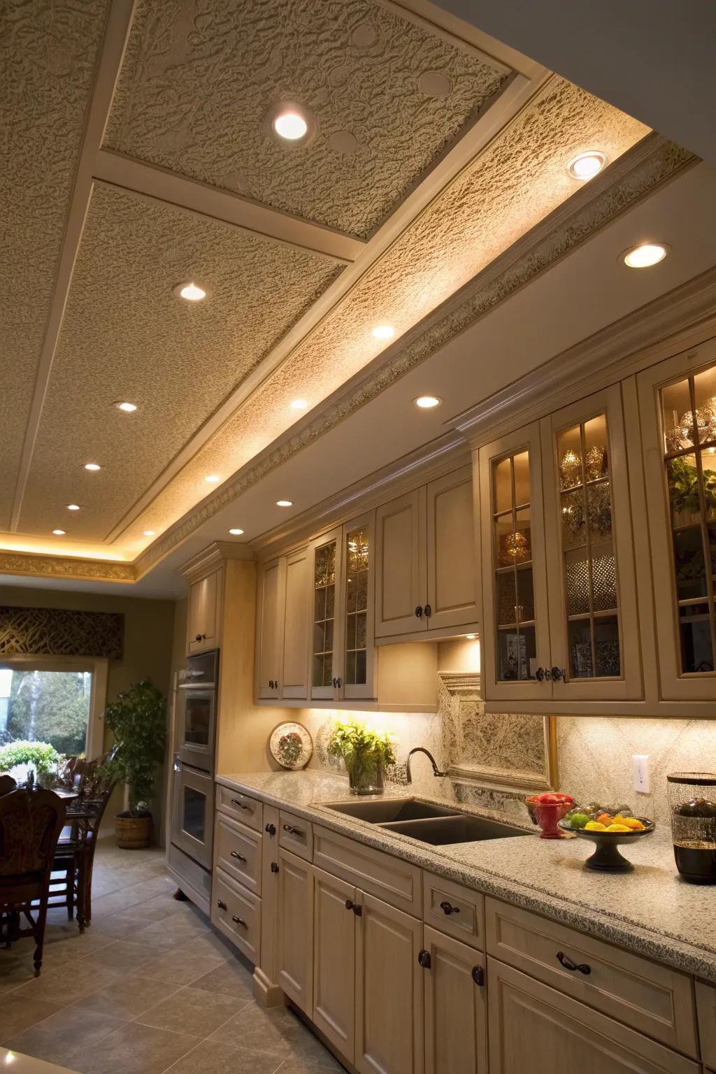 Recessed lighting in the soffit adding warmth and atmosphere to the kitchen.