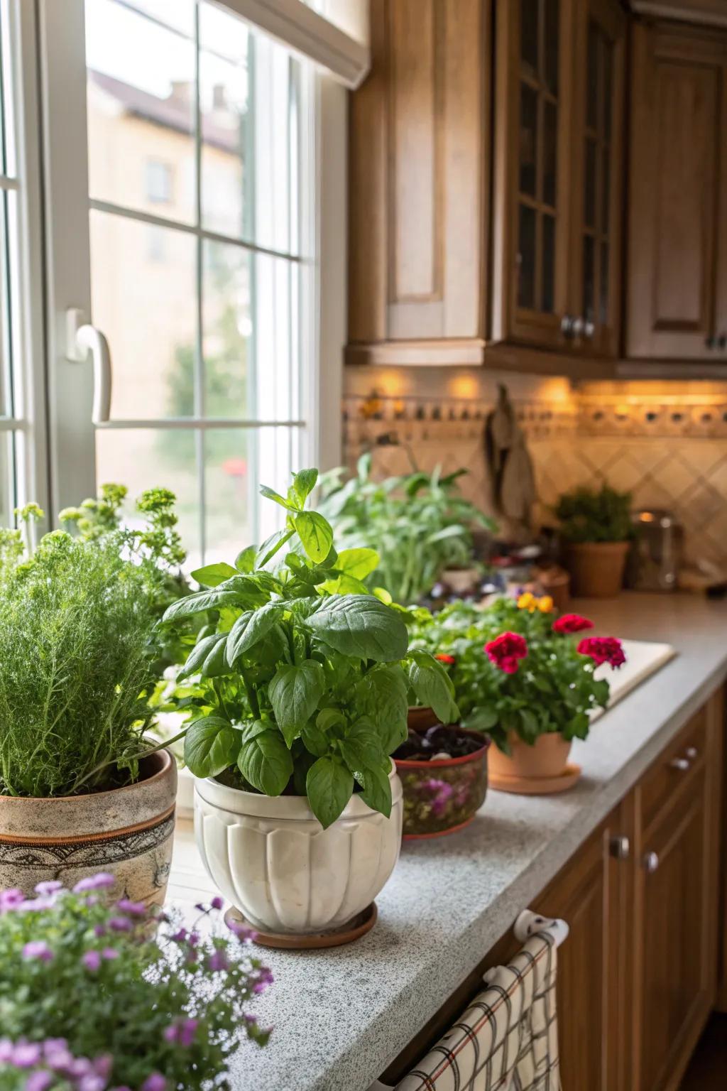 Plants include a fresh and lively touch to any cooking area.
