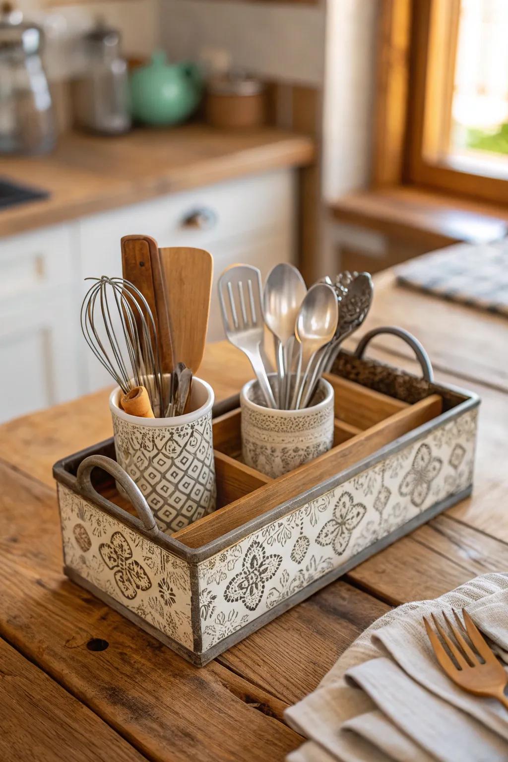 Utensils arranged with style introduce practicality and sophistication to the cooking area.