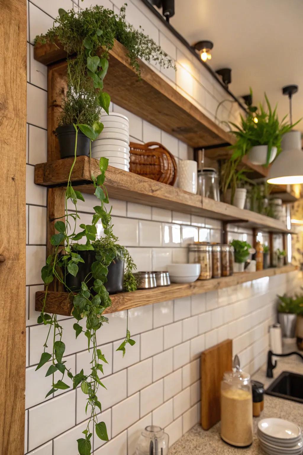 Decorations from nature like wood shelves and plants boost this tiled kitchen wall.