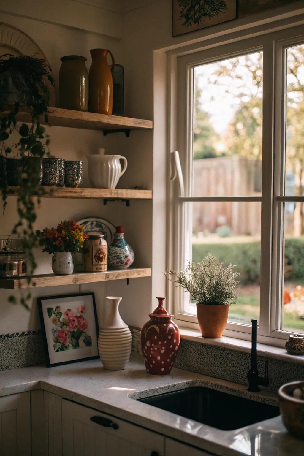 Decorative vases and art pieces on kitchen window shelves create a point of interest.