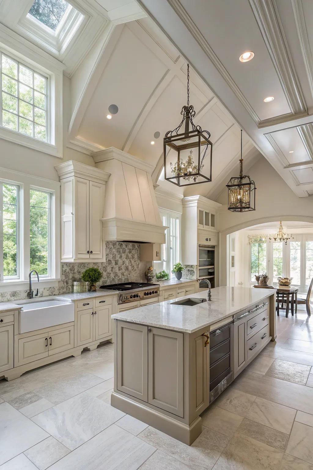 Soft hues build up the elegance and openness of the kitchen’s peak ceilings.