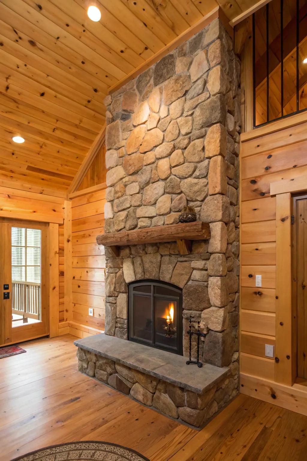 Stone hearth paired with pine paneling for woodsy appeal.