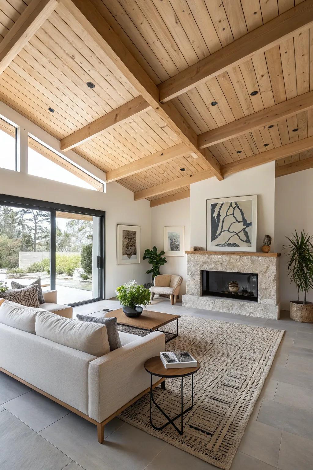 A modern living room with a chic take on wood-clad ceilings.
