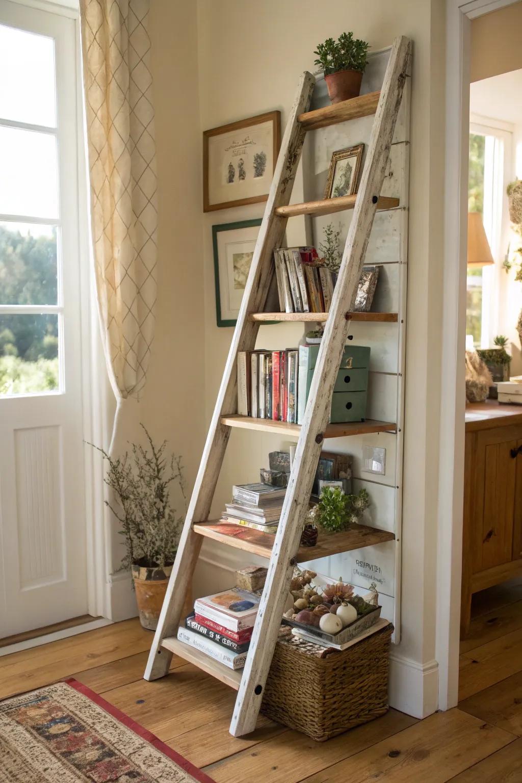 Ladder shelving merges both flair and functionality.