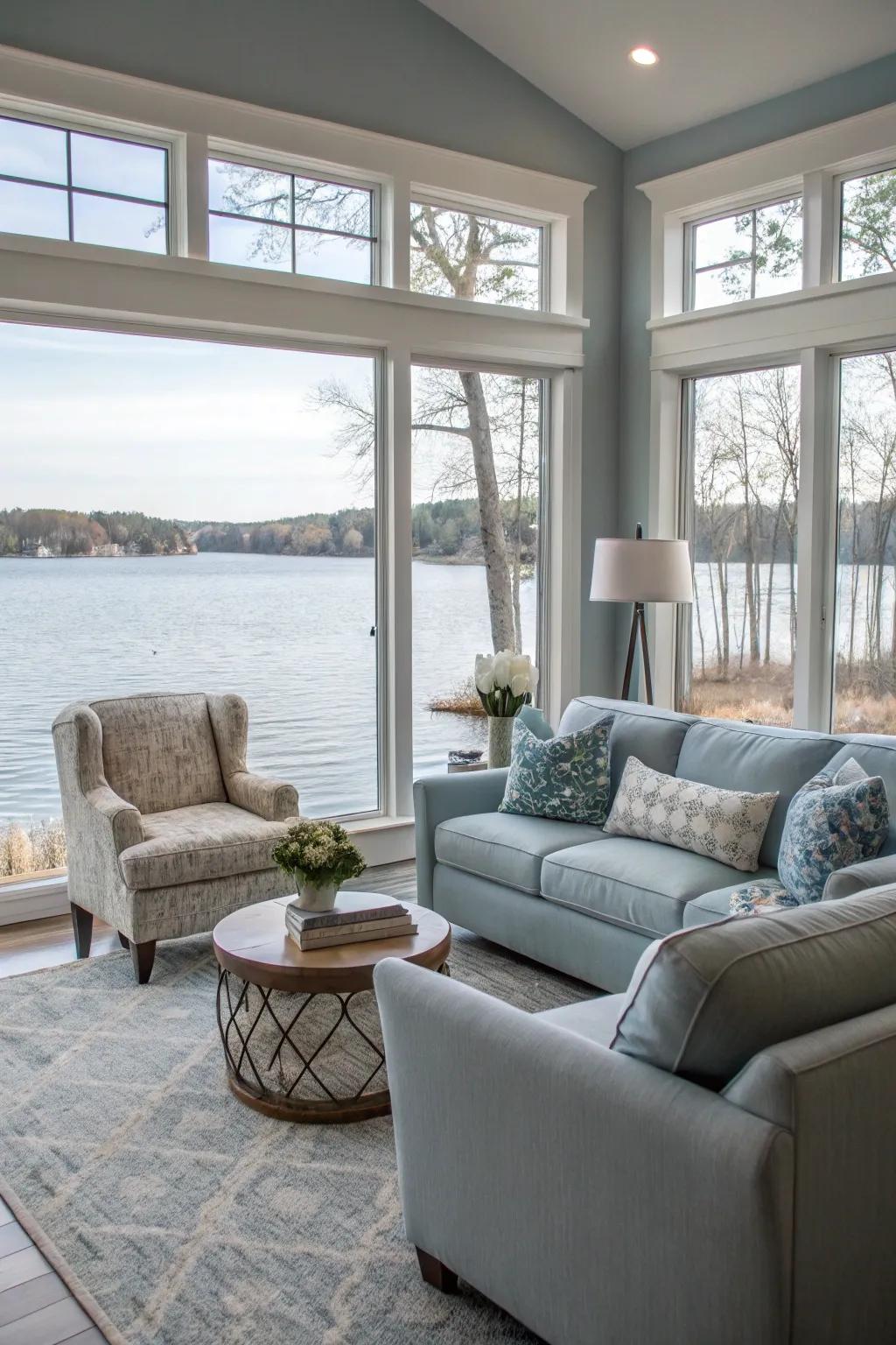 Neutral tones reflect the tranquility of the lake.