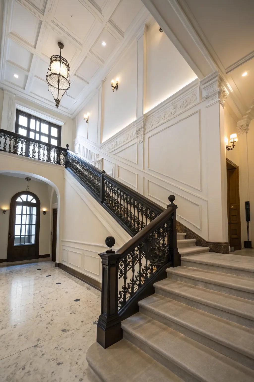 A dark railing set against light walls for a striking contrast.