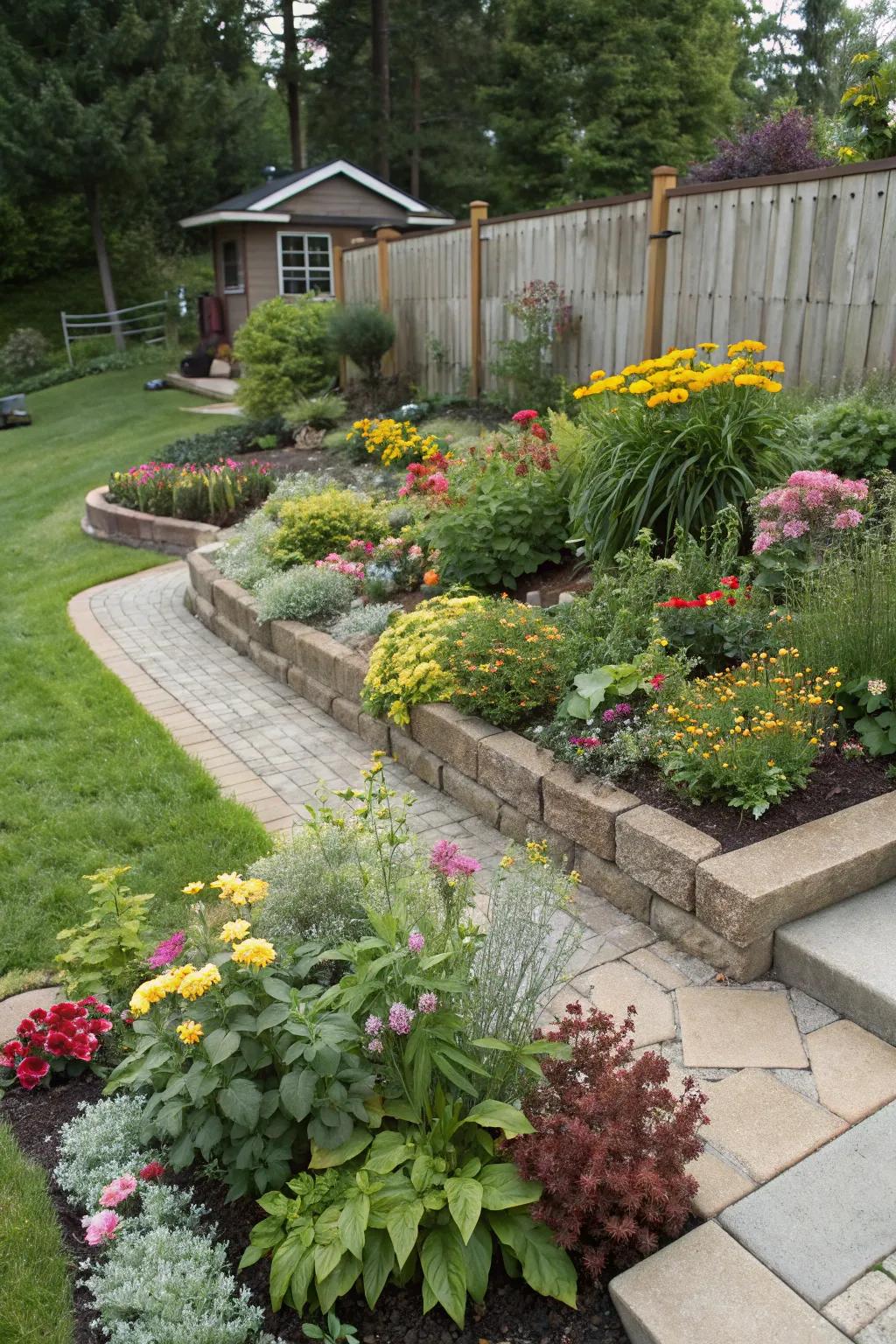 Stepped flower beds introduce depth and a multi-dimensional effect to your garden.