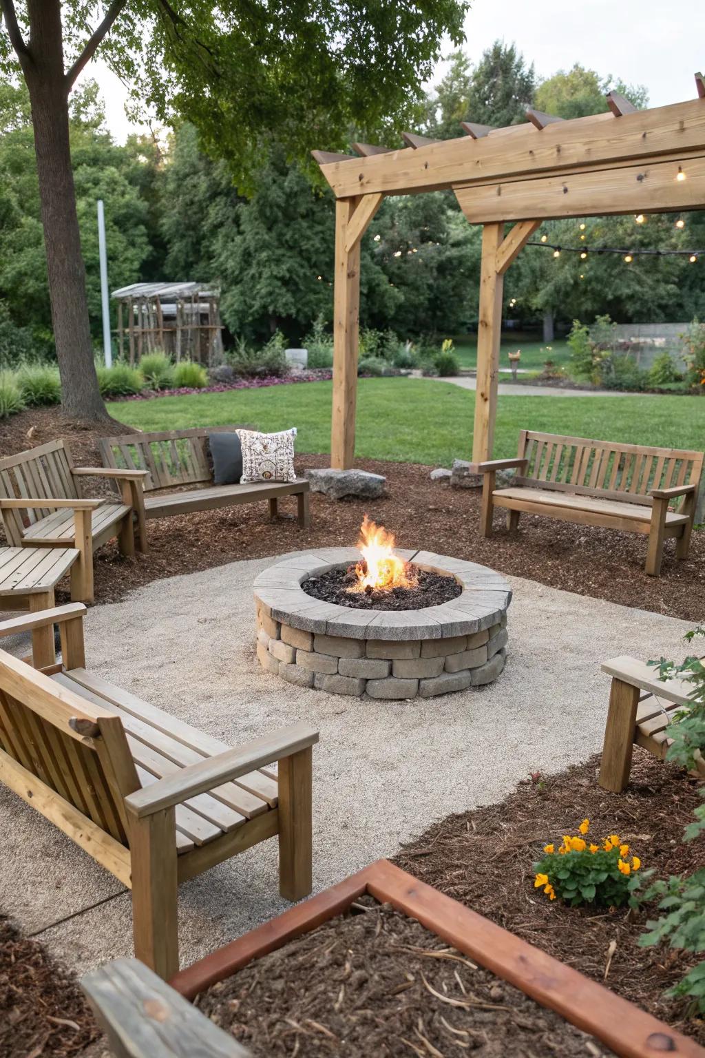 Ground cover creates an inviting and cozy seating space.