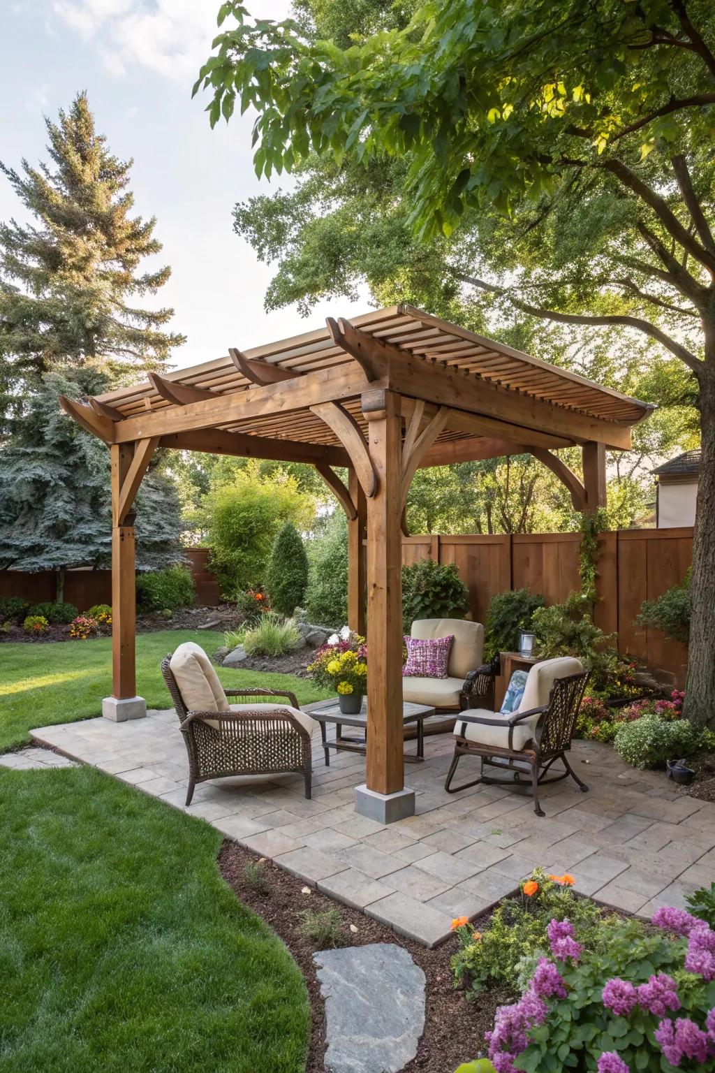 A timber arbor introduces elegance and shade to your outdoor living area.