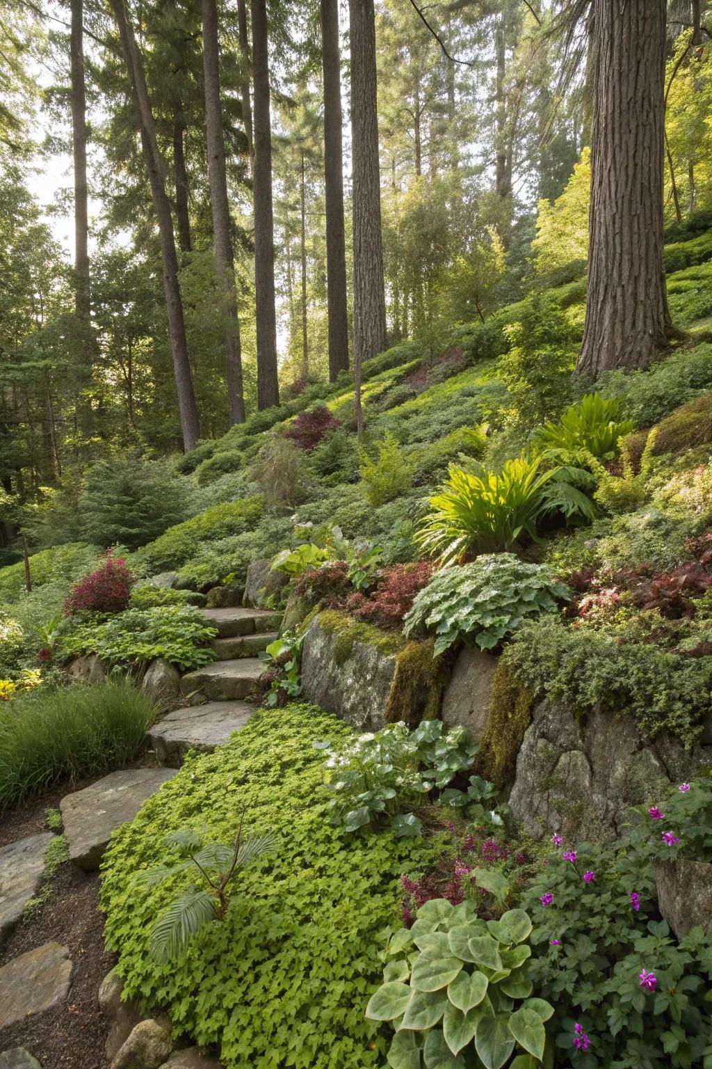 Layered vegetation builds richness in a forested garden.