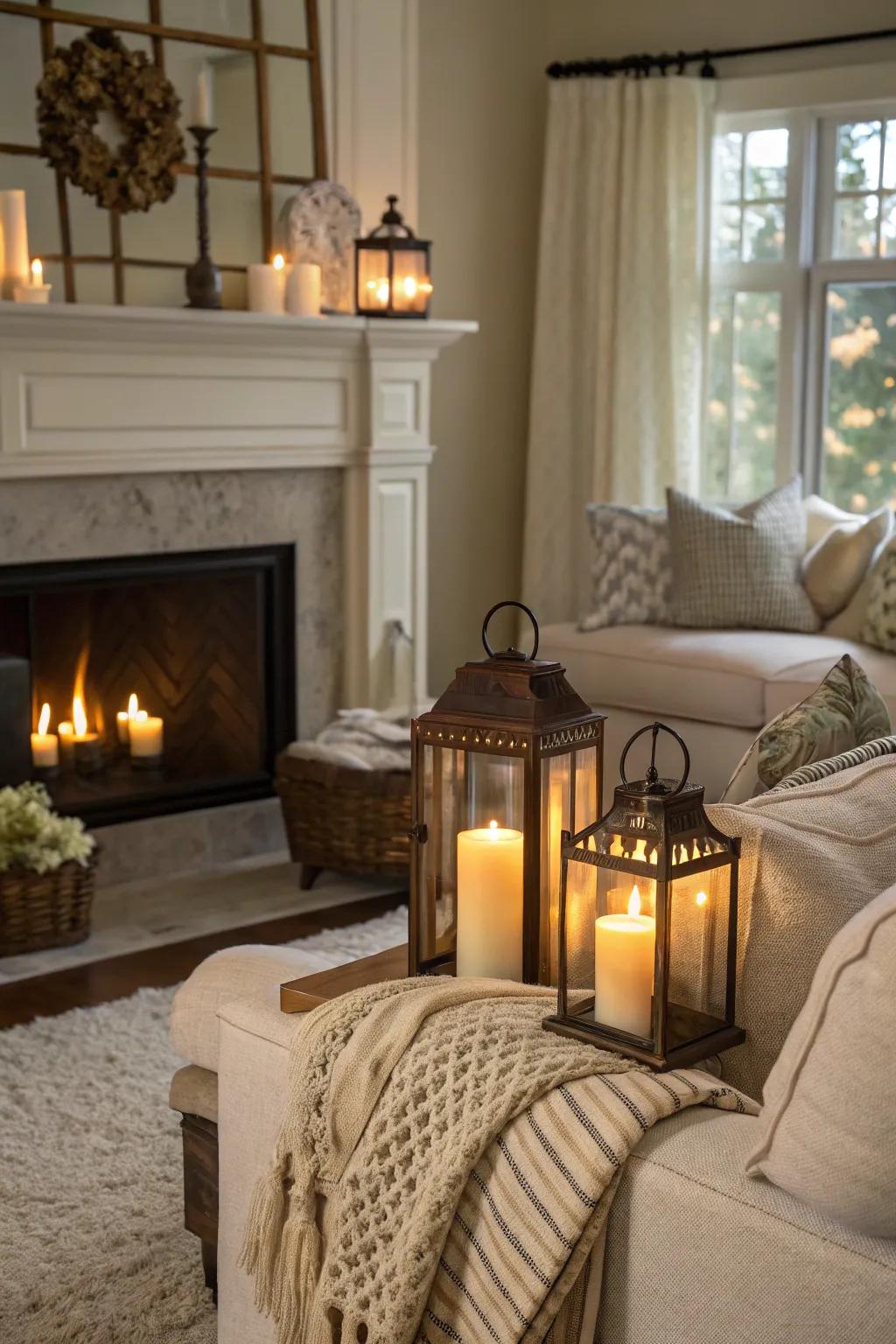 Flame lanterns introduce a vintage charm to a welcoming living space.