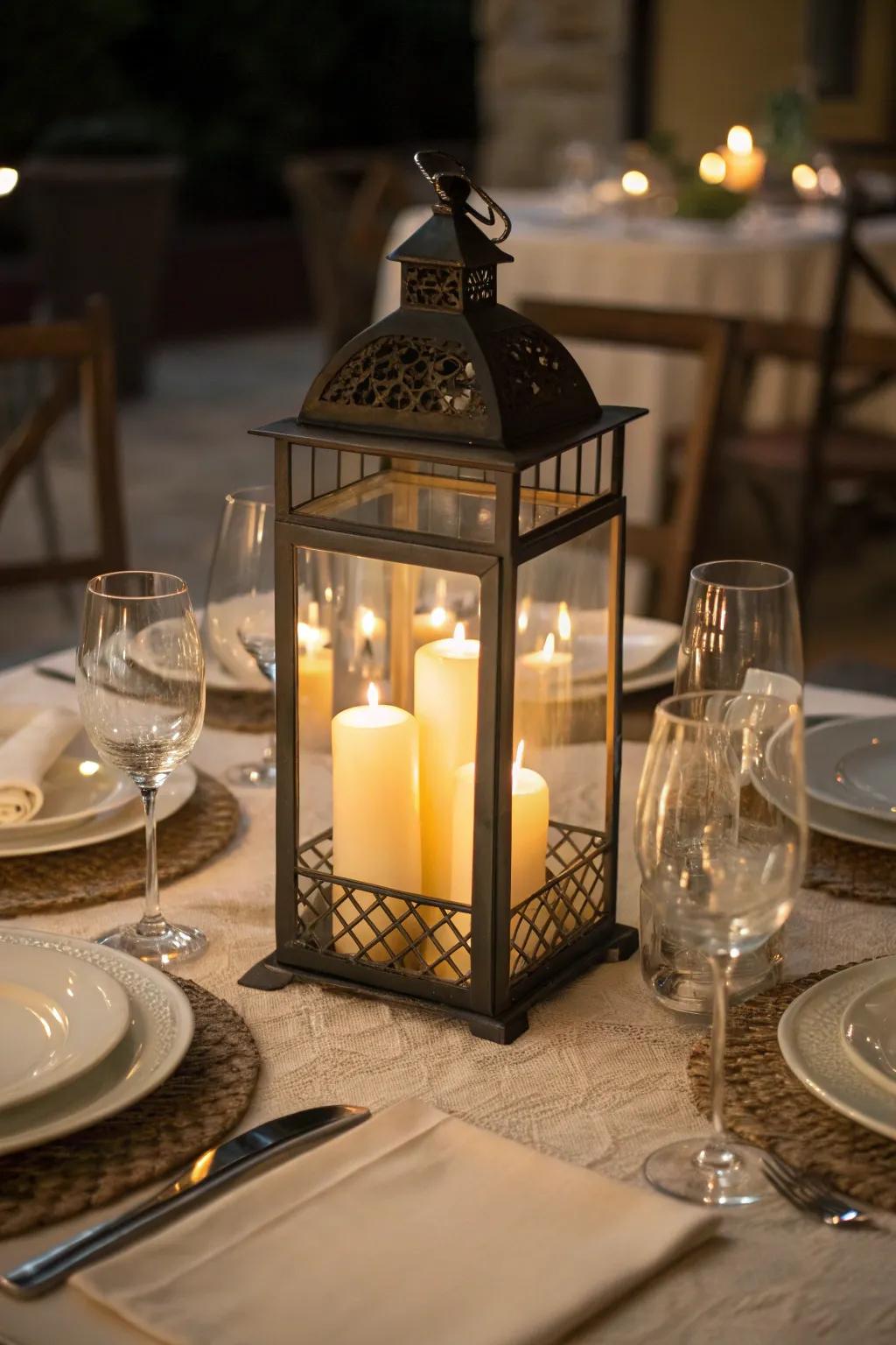 Establish an elegant atmosphere using candle-lit lanterns.