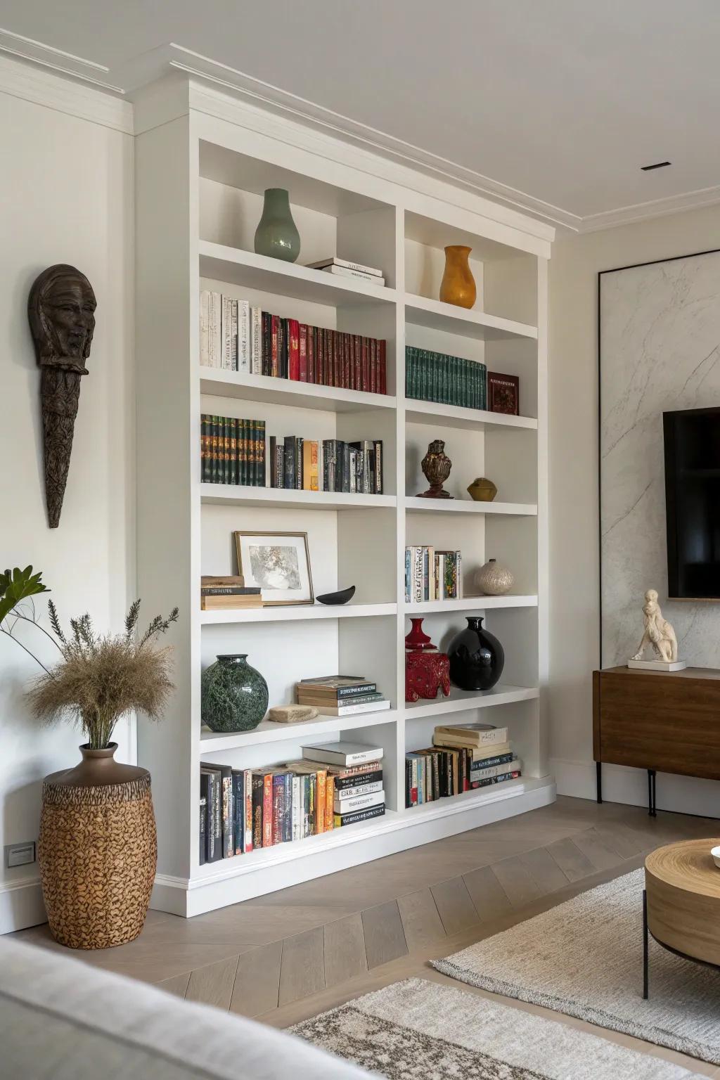 Integrating books with decorative items results in an engaging and uniquely personalized showcase.