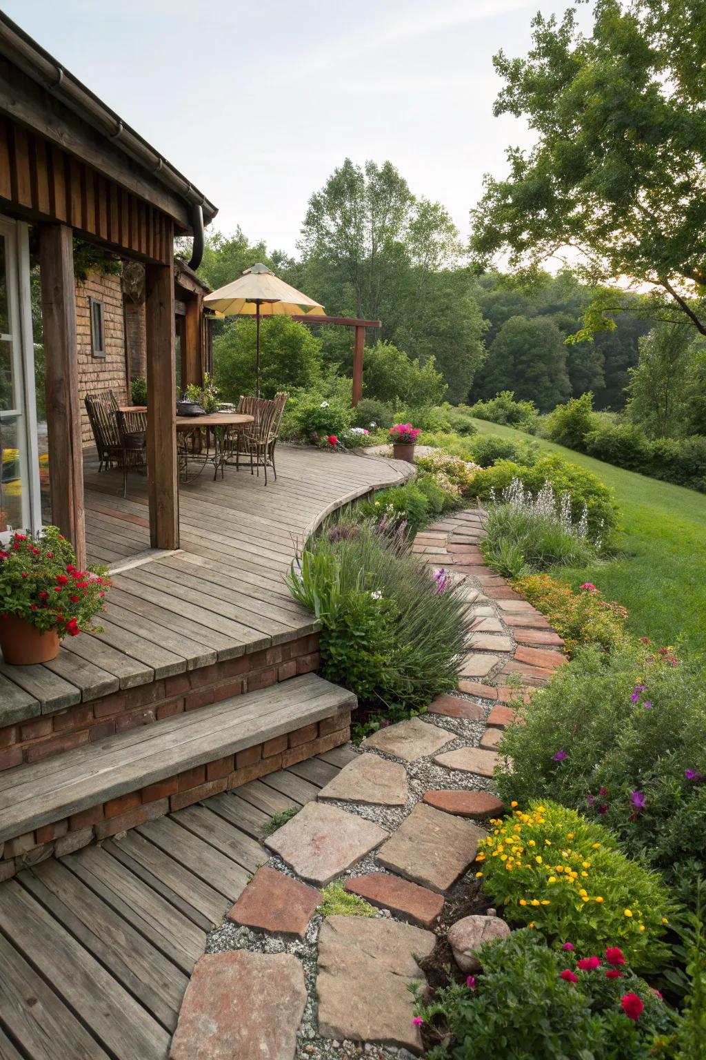 Block skirting gives a hint of countryside appeal to this garden deck.