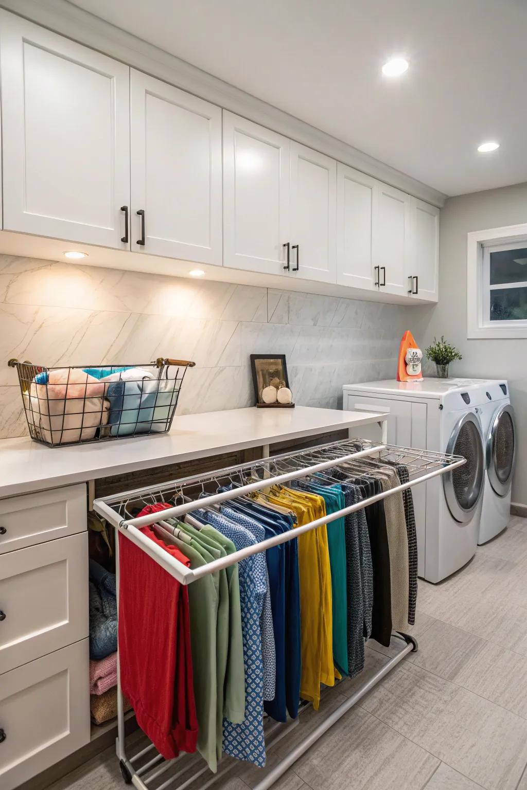 Integrated drying racks smartly located under a laundry room's countertop.