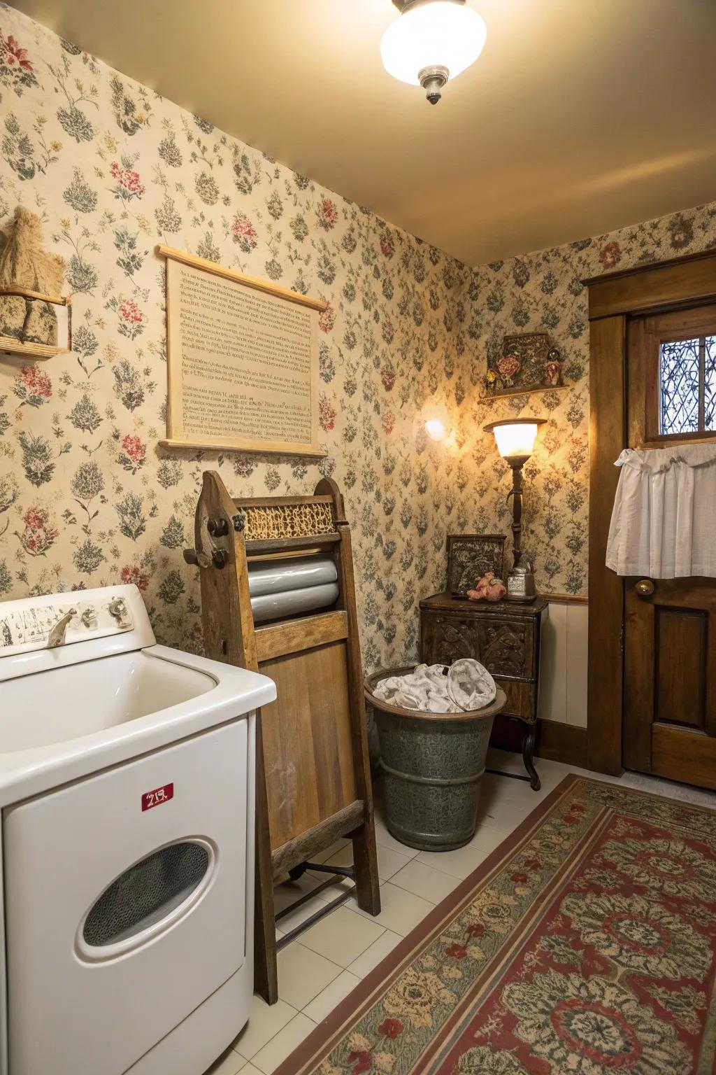 Vintage wallpaper gives your laundry area a timeless charm.