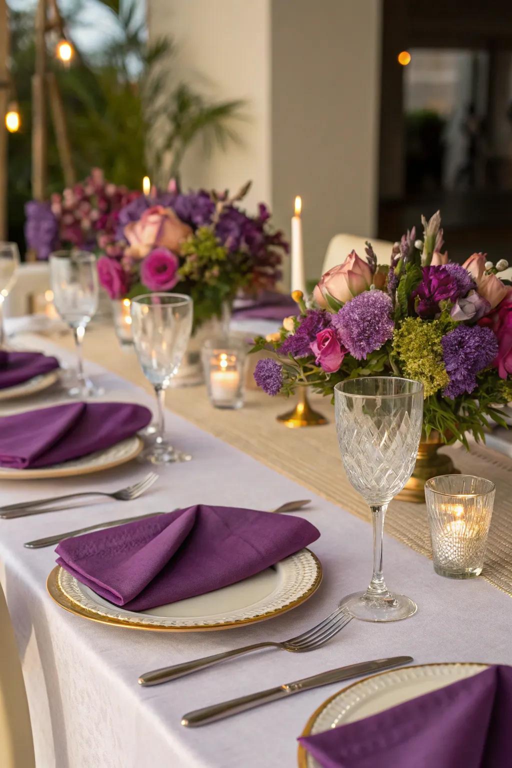 A violet-themed dining arrangement designed for an unforgettable experience.