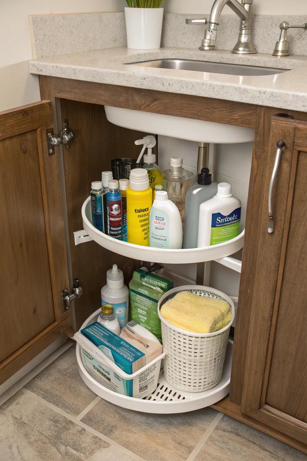Simplify cleaning tasks by organizing supplies on a spin organizer.