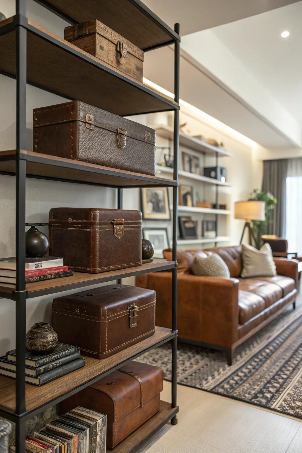 Hide-wrapped boxes offer chic storage options.