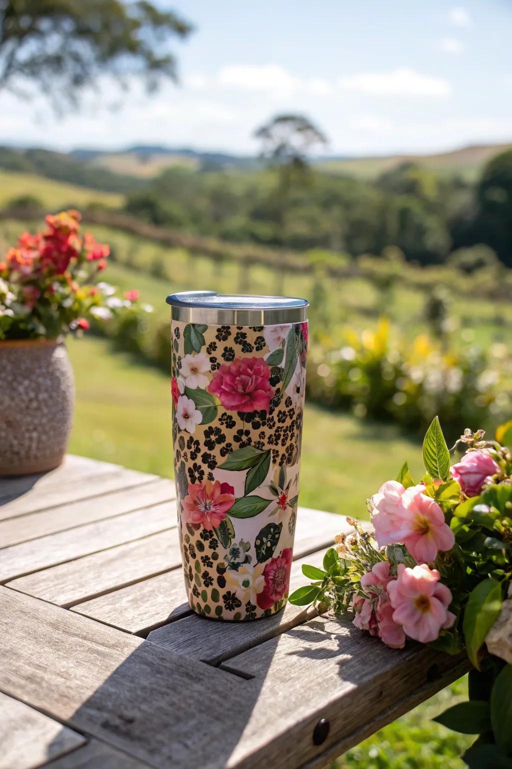 Animal spots encounter floral grace in this striking mug artistry.